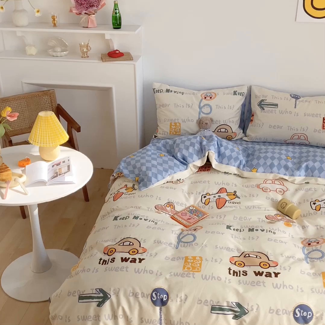 91家纺网 家纺一手货源 找家纺 吉象家纺 2025新款亲肤舒适全棉纯棉小清新卡通系列四件套 汽车向导