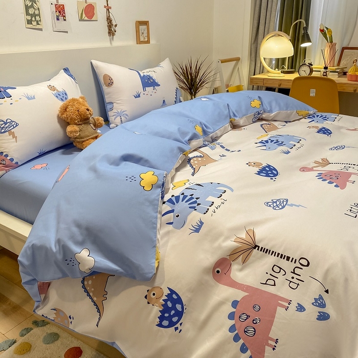 91家纺网 家纺一手货源 找家纺 吉象家纺 2025新款亲肤舒适全棉纯棉小清新卡通系列四件套 趣味恐龙