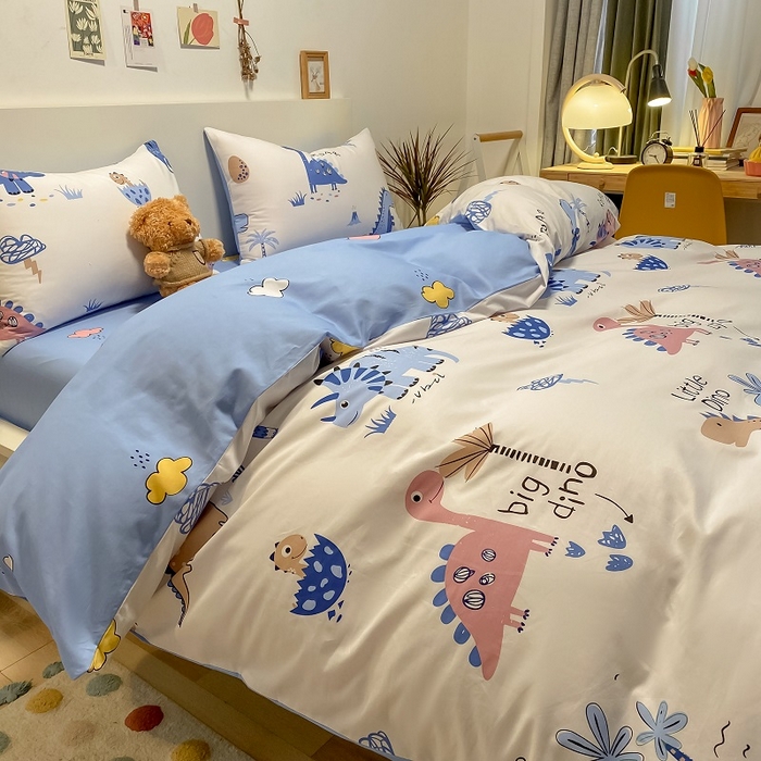 91家纺网 家纺一手货源 找家纺 吉象家纺 2025新款亲肤舒适全棉纯棉小清新卡通系列四件套 趣味恐龙