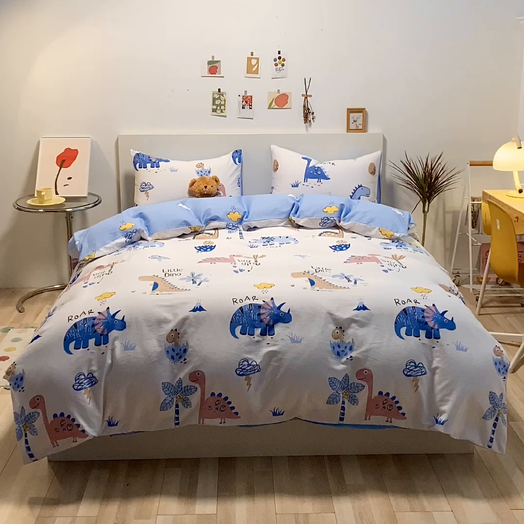 91家纺网 家纺一手货源 找家纺 吉象家纺 2025新款亲肤舒适全棉纯棉小清新卡通系列四件套 趣味恐龙