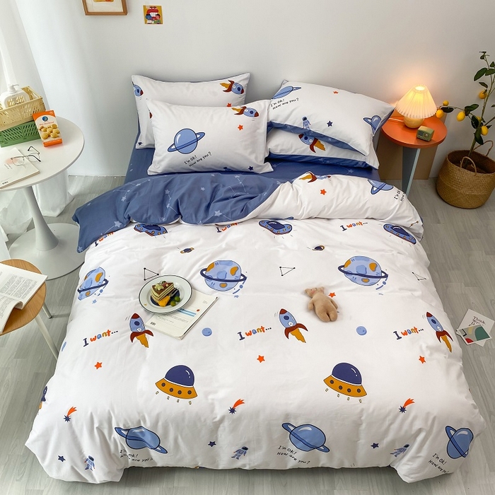 91家纺网 家纺一手货源 找家纺 吉象家纺 2025新款亲肤舒适全棉纯棉小清新卡通系列四件套 太空旅行