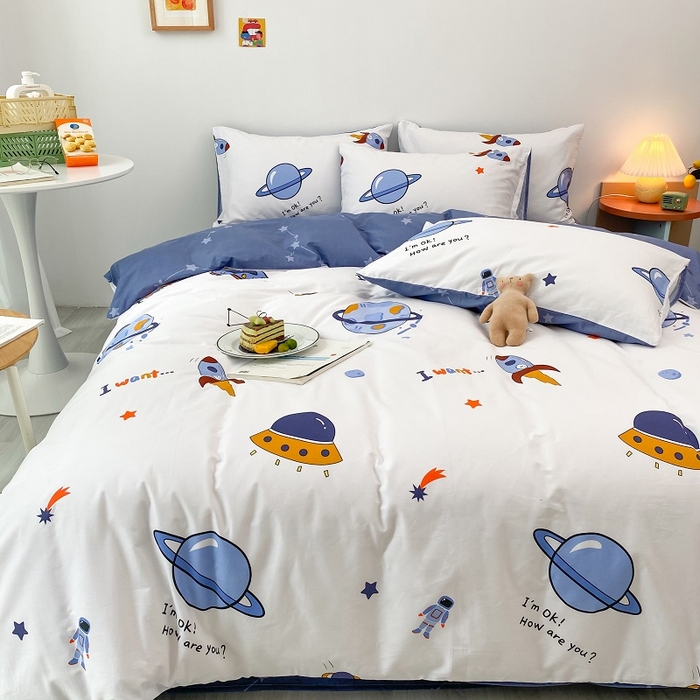 91家纺网 家纺一手货源 找家纺 吉象家纺 2025新款亲肤舒适全棉纯棉小清新卡通系列四件套 太空旅行