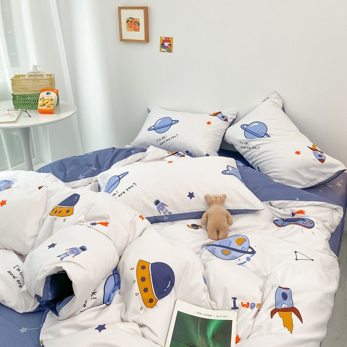 91家纺网 家纺一手货源 找家纺 吉象家纺 2025新款亲肤舒适全棉纯棉小清新卡通系列四件套 太空旅行