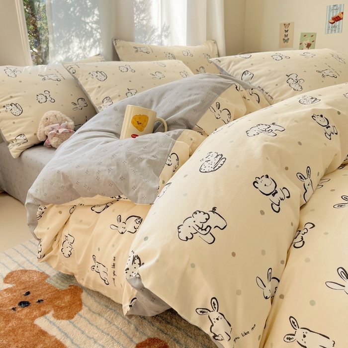 吉象家纺 2025新款亲肤舒适全棉纯棉小清新卡通系列四件套 涂鸦动物园