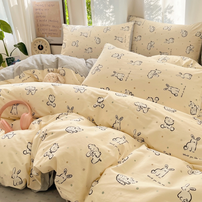 91家纺网 家纺一手货源 找家纺 吉象家纺 2025新款亲肤舒适全棉纯棉小清新卡通系列四件套 涂鸦动物园