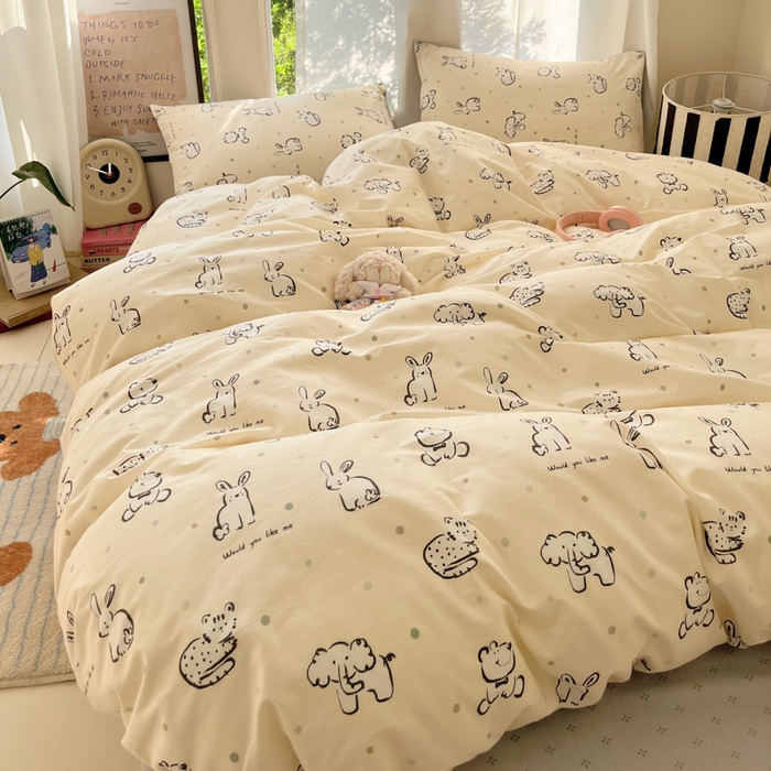 91家纺网 家纺一手货源 找家纺 吉象家纺 2025新款亲肤舒适全棉纯棉小清新卡通系列四件套 涂鸦动物园