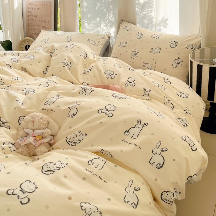 91家纺网 家纺一手货源 找家纺 吉象家纺 2025新款亲肤舒适全棉纯棉小清新卡通系列四件套 涂鸦动物园