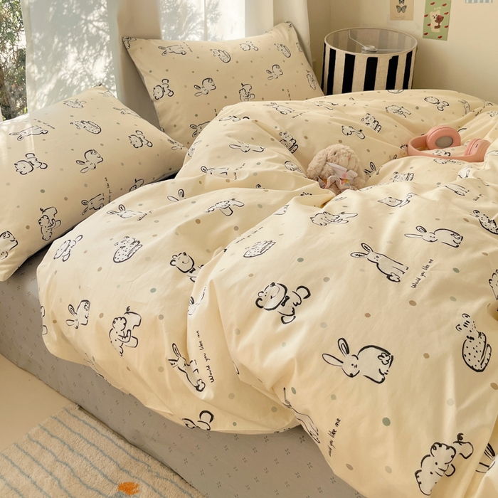 91家纺网 家纺一手货源 找家纺 吉象家纺 2025新款亲肤舒适全棉纯棉小清新卡通系列四件套 涂鸦动物园