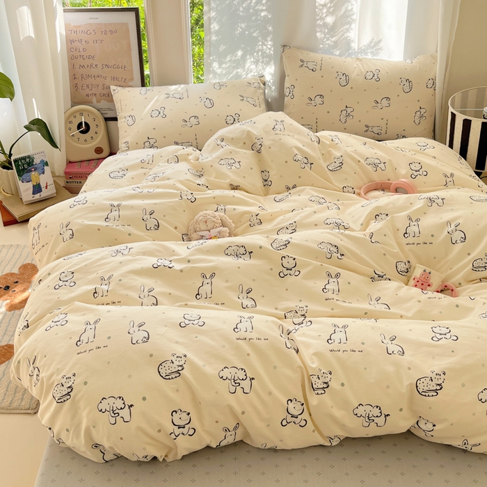 91家纺网 家纺一手货源 找家纺 吉象家纺 2025新款亲肤舒适全棉纯棉小清新卡通系列四件套 涂鸦动物园