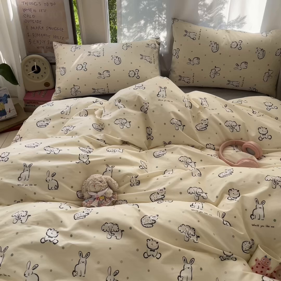 91家纺网 家纺一手货源 找家纺 吉象家纺 2025新款亲肤舒适全棉纯棉小清新卡通系列四件套 涂鸦动物园