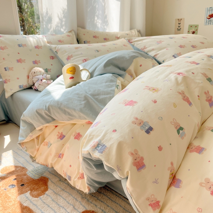 吉象家纺 2025新款亲肤舒适全棉纯棉小清新卡通系列四件套 兔巴巴
