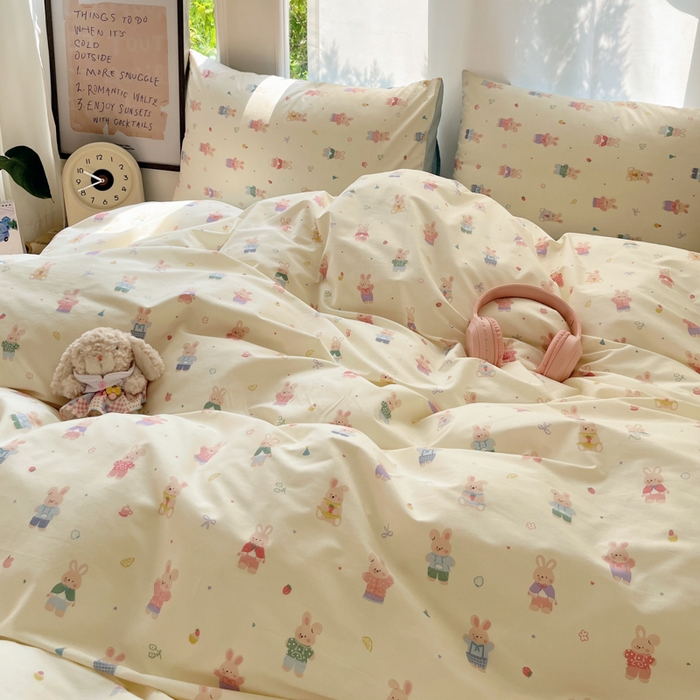 91家纺网 家纺一手货源 找家纺 吉象家纺 2025新款亲肤舒适全棉纯棉小清新卡通系列四件套 兔巴巴