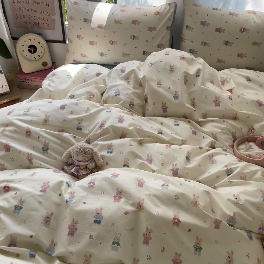 91家纺网 家纺一手货源 找家纺 吉象家纺 2025新款亲肤舒适全棉纯棉小清新卡通系列四件套 兔巴巴