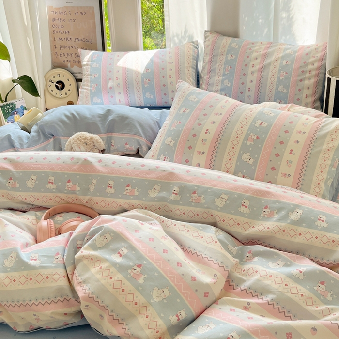 91家纺网 家纺一手货源 找家纺 吉象家纺 2025新款亲肤舒适全棉纯棉小清新卡通系列四件套 小狗笔记