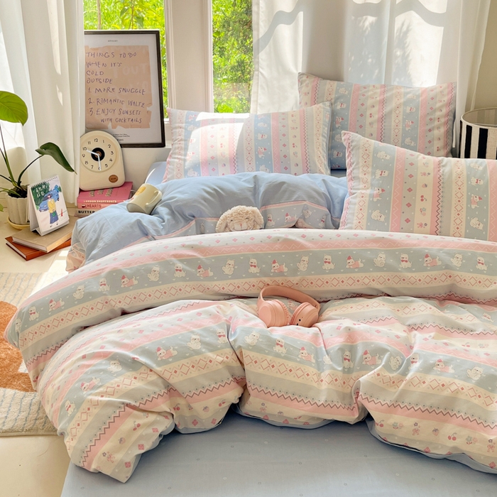 91家纺网 家纺一手货源 找家纺 吉象家纺 2025新款亲肤舒适全棉纯棉小清新卡通系列四件套 小狗笔记