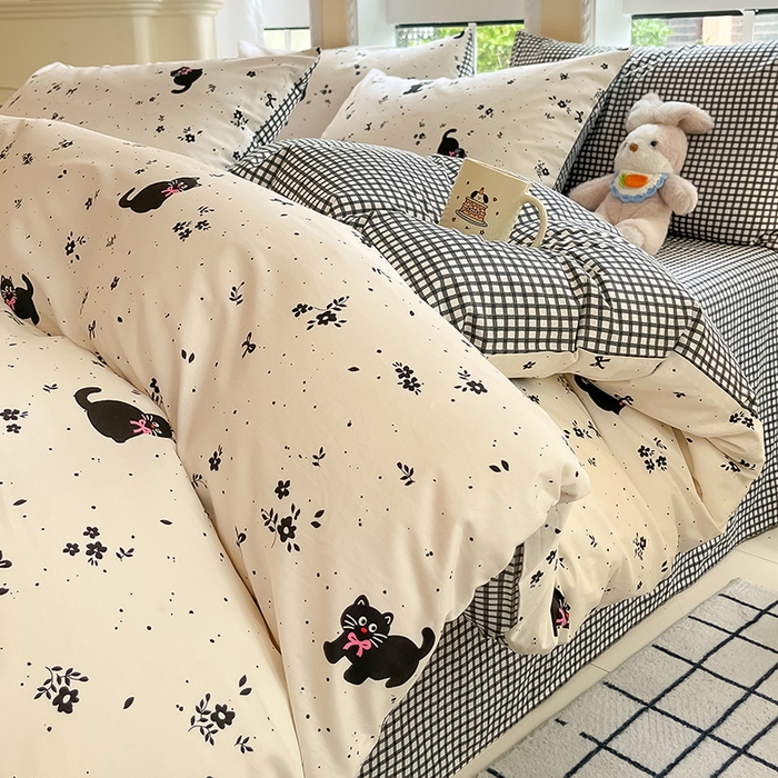 吉象家纺 2025新款亲肤舒适全棉纯棉小清新卡通系列四件套 小黑猫