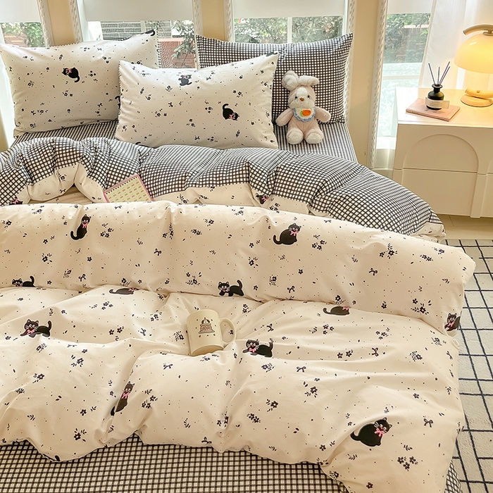 91家纺网 家纺一手货源 找家纺 吉象家纺 2025新款亲肤舒适全棉纯棉小清新卡通系列四件套 小黑猫