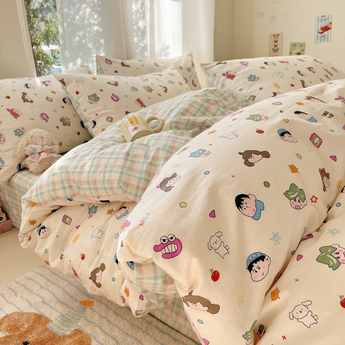 吉象家纺 2025新款亲肤舒适全棉纯棉小清新卡通系列四件套 新新一家