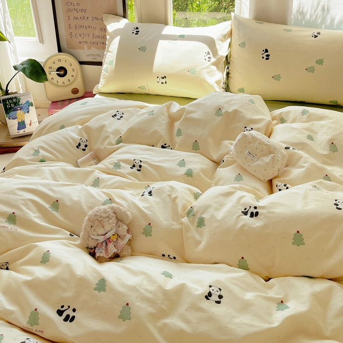 91家纺网 家纺一手货源 找家纺 吉象家纺 2025新款亲肤舒适全棉纯棉小清新卡通系列四件套 熊猫森林