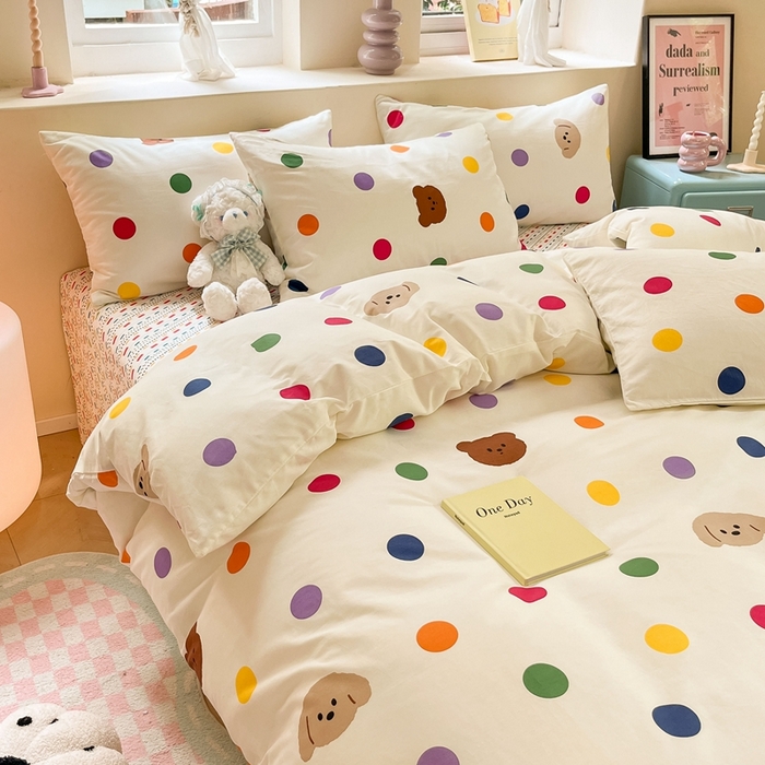 91家纺网 家纺一手货源 找家纺 吉象家纺 2025新款亲肤舒适全棉纯棉小清新卡通系列四件套 炫彩狗