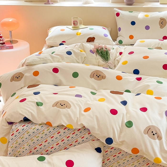 91家纺网 家纺一手货源 找家纺 吉象家纺 2025新款亲肤舒适全棉纯棉小清新卡通系列四件套 炫彩狗