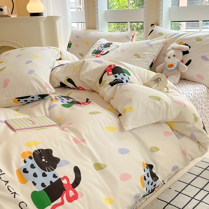 91家纺网 家纺一手货源 找家纺 吉象家纺 2025新款亲肤舒适全棉纯棉小清新卡通系列四件套 靴子猫