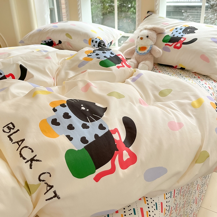 91家纺网 家纺一手货源 找家纺 吉象家纺 2025新款亲肤舒适全棉纯棉小清新卡通系列四件套 靴子猫