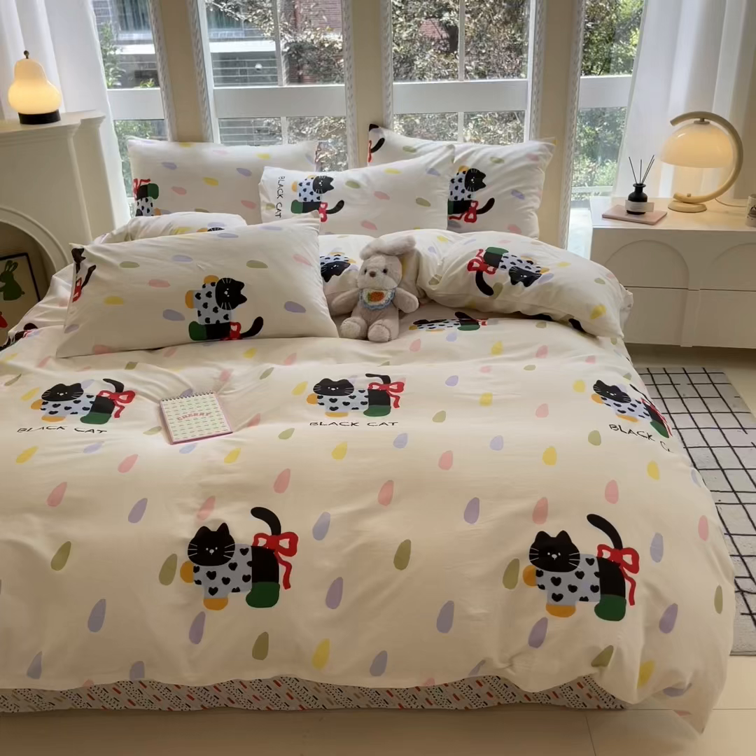 91家纺网 家纺一手货源 找家纺 吉象家纺 2025新款亲肤舒适全棉纯棉小清新卡通系列四件套 靴子猫