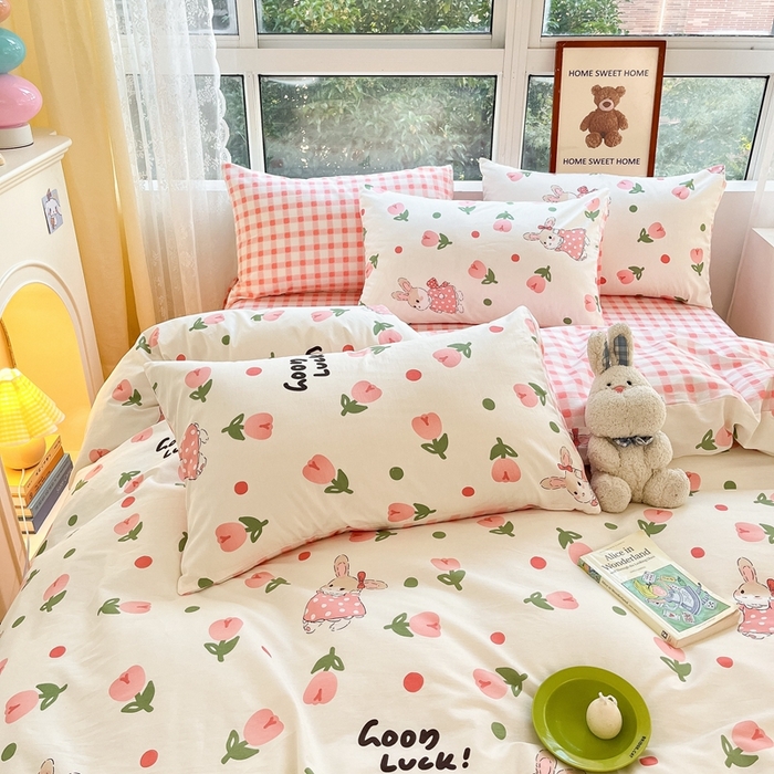 91家纺网 家纺一手货源 找家纺 吉象家纺 2025新款亲肤舒适全棉纯棉小清新卡通系列四件套 郁金香粉兔