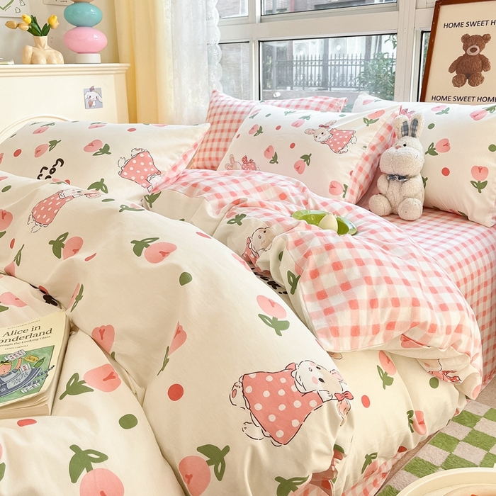 91家纺网 家纺一手货源 找家纺 吉象家纺 2025新款亲肤舒适全棉纯棉小清新卡通系列四件套 郁金香粉兔