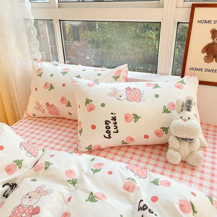 91家纺网 家纺一手货源 找家纺 吉象家纺 2025新款亲肤舒适全棉纯棉小清新卡通系列四件套 郁金香粉兔