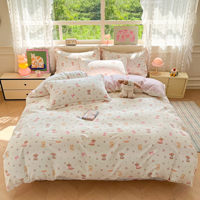 91家纺网 家纺一手货源 找家纺 花梦欣 2025新款全棉纯棉印花单品系列-三件套 酷卡小狗