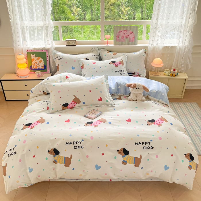 91家纺网 家纺一手货源 找家纺 花梦欣 2025新款全棉纯棉印花单品系列-三件套 甜心汪星人