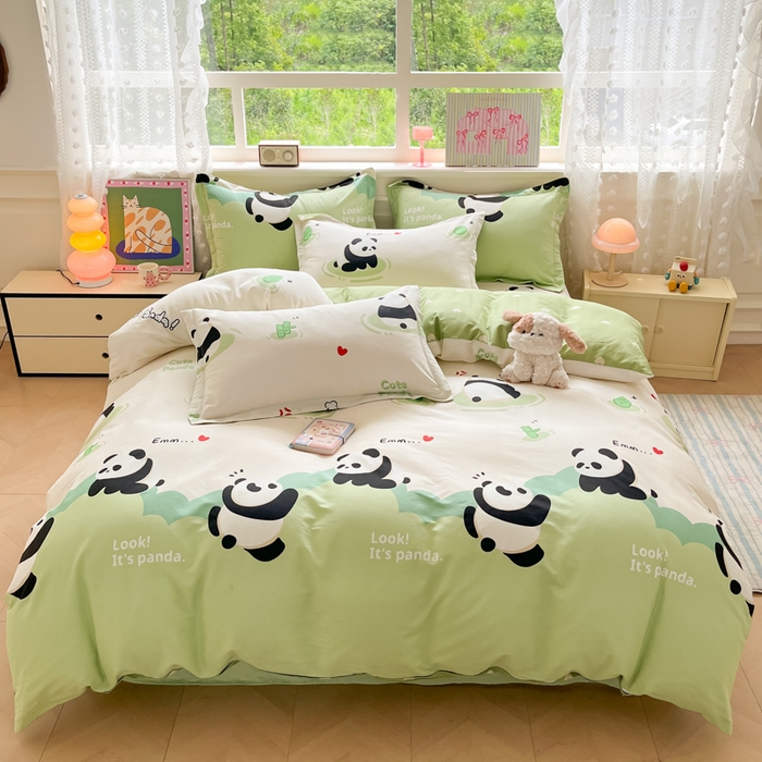 91家纺网 家纺一手货源 找家纺 花梦欣 2025新款全棉纯棉印花单品系列-三件套 熊猫乐园绿