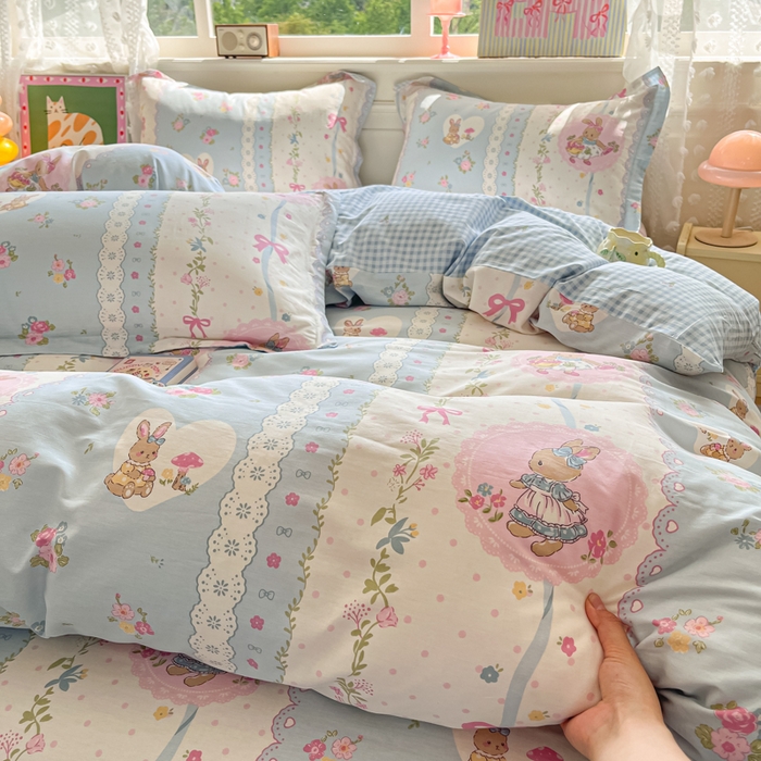 91家纺网 家纺一手货源 找家纺 花梦欣 2025新款全棉纯棉印花单品系列-三件套 花丛兔兰