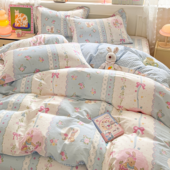 91家纺网 家纺一手货源 找家纺 花梦欣 2025新款全棉纯棉印花单品系列-三件套 花丛兔兰