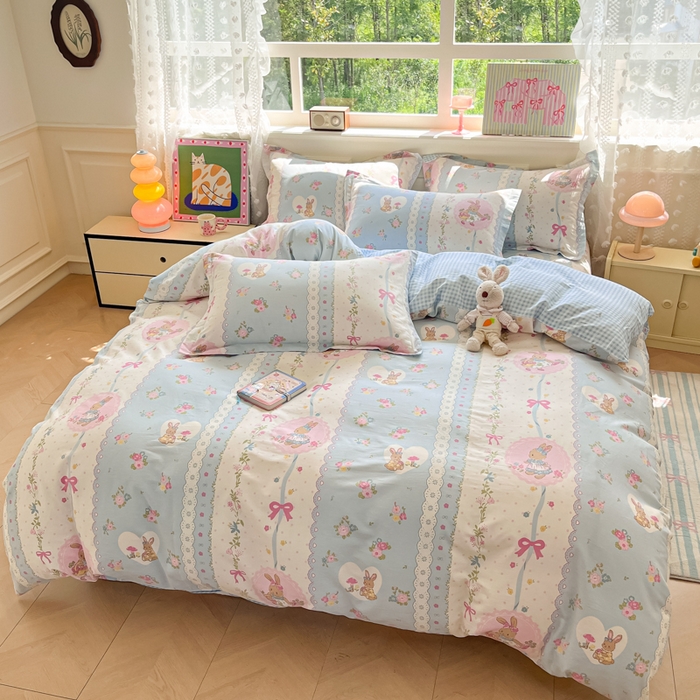 91家纺网 家纺一手货源 找家纺 花梦欣 2025新款全棉纯棉印花单品系列-三件套 花丛兔兰