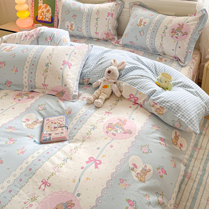 91家纺网 家纺一手货源 找家纺 花梦欣 2025新款全棉纯棉印花单品系列-三件套 花丛兔兰