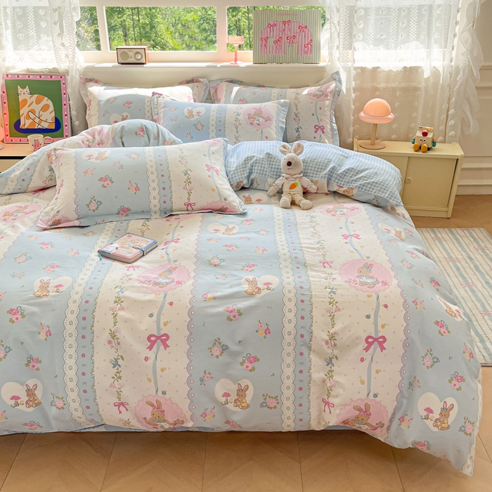 91家纺网 家纺一手货源 找家纺 花梦欣 2025新款全棉纯棉印花单品系列-三件套 花丛兔兰