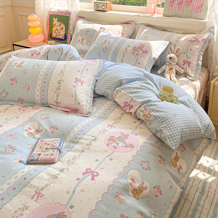 91家纺网 家纺一手货源 找家纺 花梦欣 2025新款全棉纯棉印花单品系列-三件套 花丛兔兰