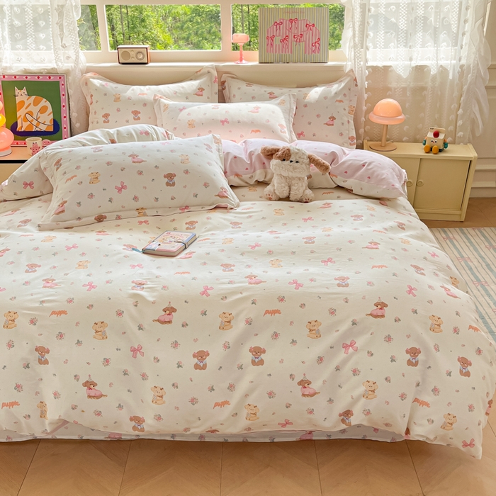 91家纺网 家纺一手货源 找家纺 花梦欣 2025新款全棉纯棉印花单品系列-三件套 酷卡小狗