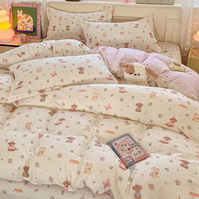 91家纺网 家纺一手货源 找家纺 花梦欣 2025新款全棉纯棉印花单品系列-三件套 酷卡小狗