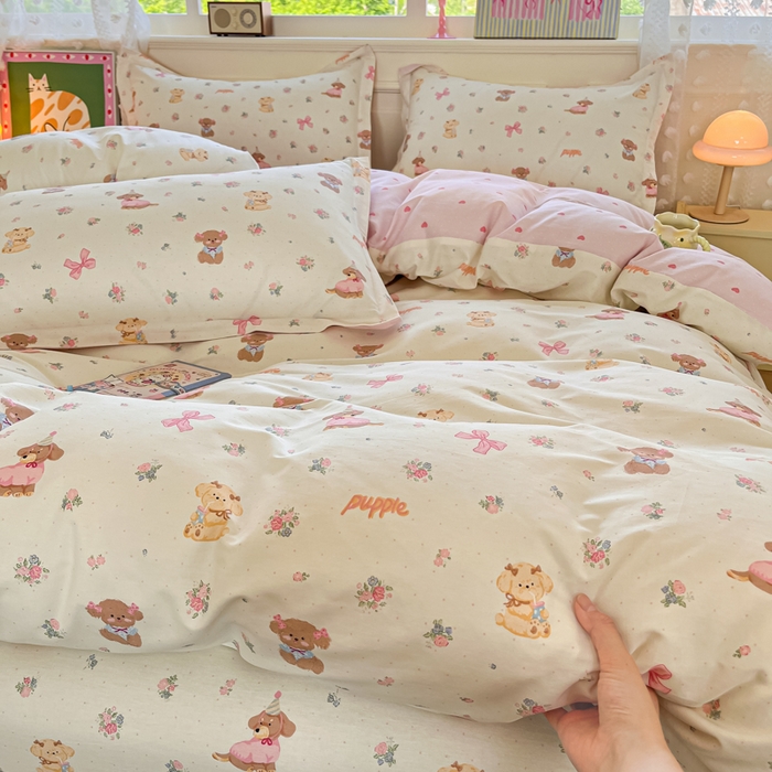 91家纺网 家纺一手货源 找家纺 花梦欣 2025新款全棉纯棉印花单品系列-三件套 酷卡小狗