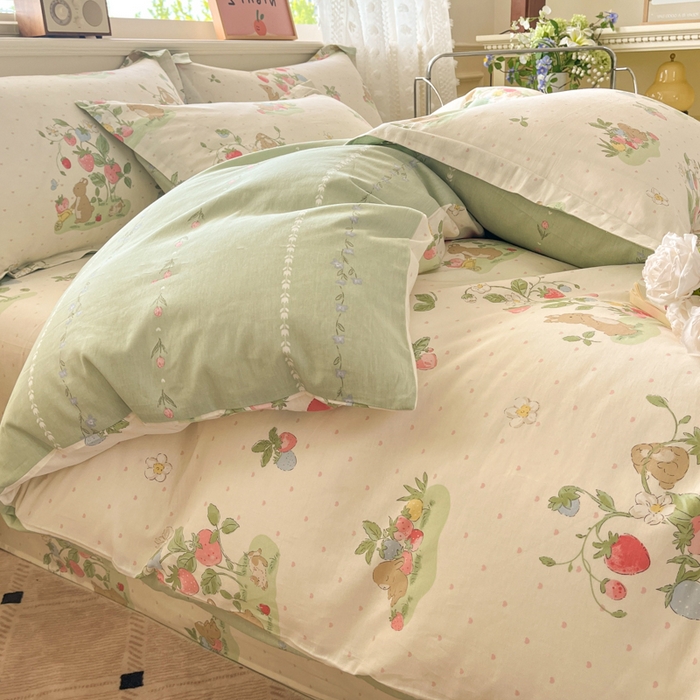 91家纺网 家纺一手货源 找家纺 花梦欣 2025新款全棉纯棉印花单品系列-三件套 桃心粉兔