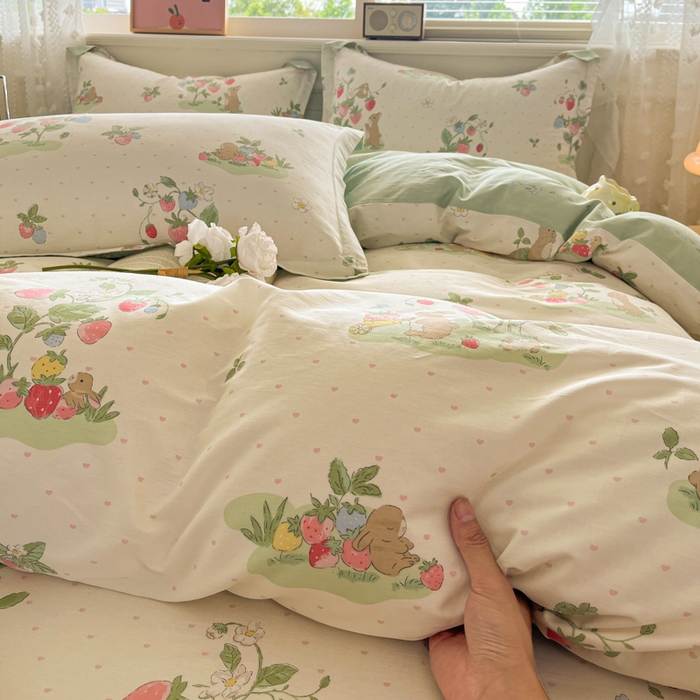 91家纺网 家纺一手货源 找家纺 花梦欣 2025新款全棉纯棉印花单品系列-三件套 桃心粉兔