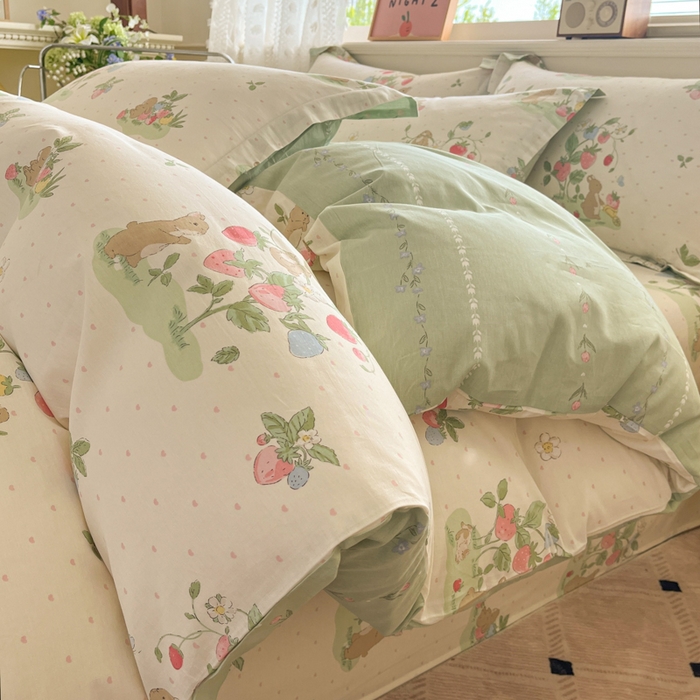 91家纺网 家纺一手货源 找家纺 花梦欣 2025新款全棉纯棉印花单品系列-三件套 桃心粉兔