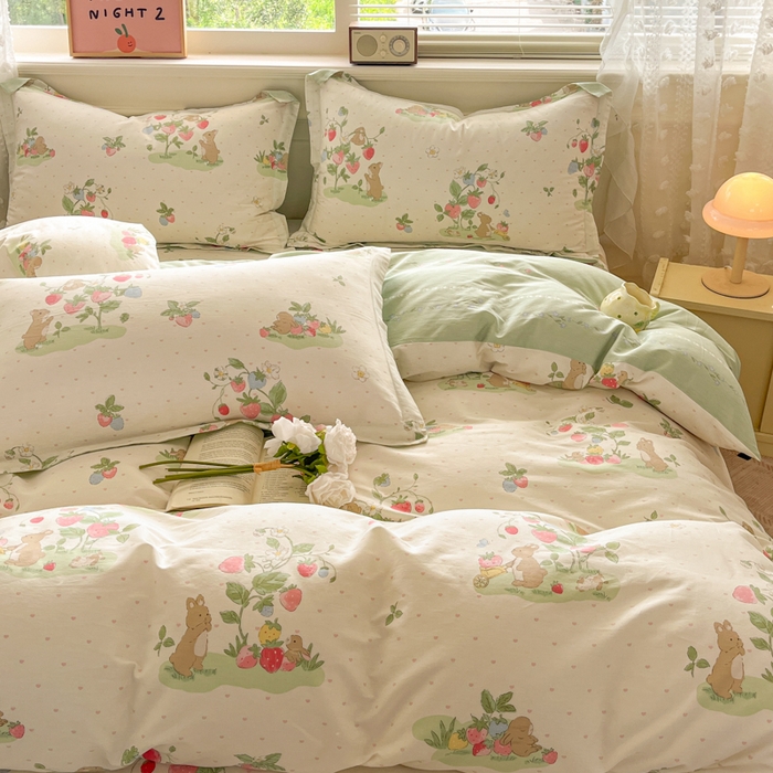 91家纺网 家纺一手货源 找家纺 花梦欣 2025新款全棉纯棉印花单品系列-三件套 桃心粉兔