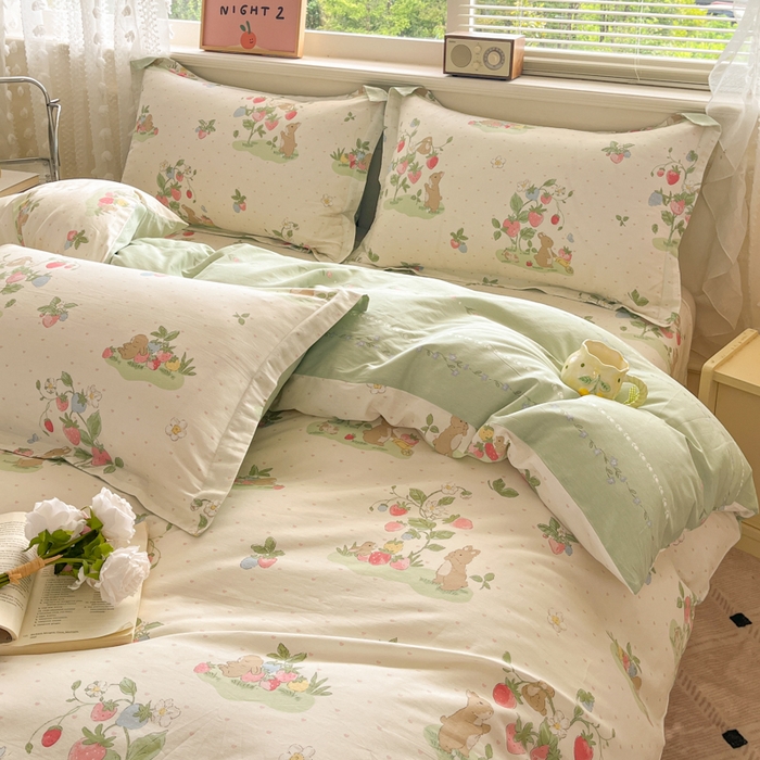 91家纺网 家纺一手货源 找家纺 花梦欣 2025新款全棉纯棉印花单品系列-三件套 桃心粉兔