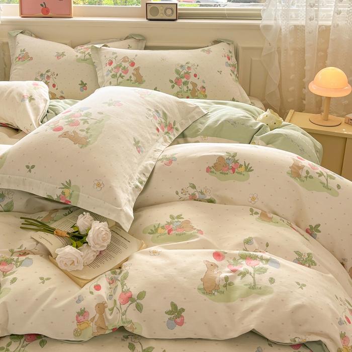 91家纺网 家纺一手货源 找家纺 花梦欣 2025新款全棉纯棉印花单品系列-三件套 桃心粉兔