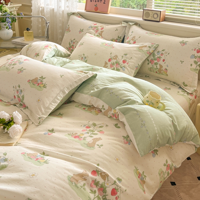 91家纺网 家纺一手货源 找家纺 花梦欣 2025新款全棉纯棉印花单品系列-三件套 桃心粉兔